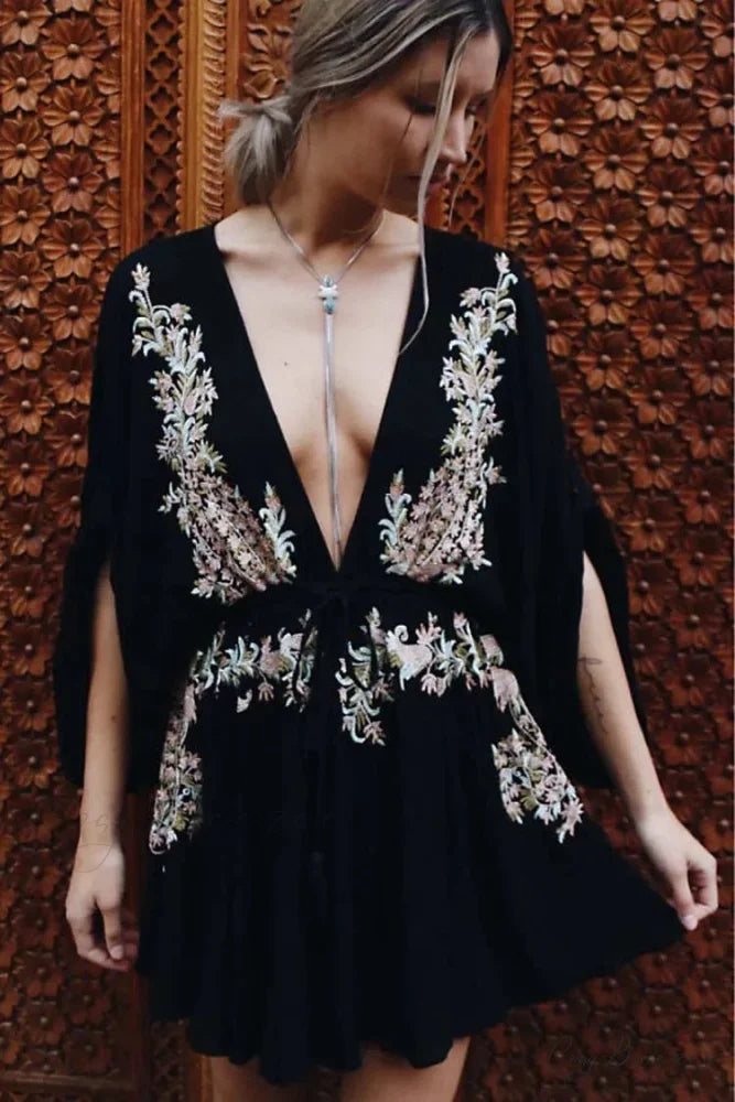 Cotton Rayon Purple Floral Embroidery Boho Dress bohodress-250126