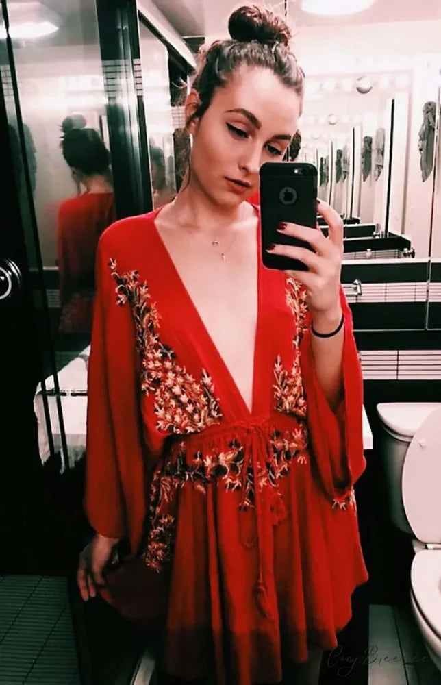 Cotton Rayon Purple Floral Embroidery Boho Dress bohodress-250126