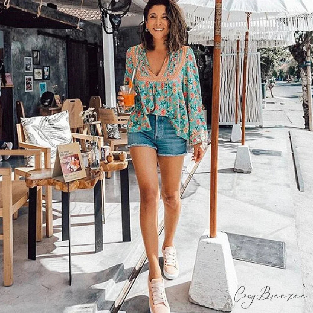 Cotton Red Floral Print Lantern Sleeve Boho Blouse bohoblouse-250126