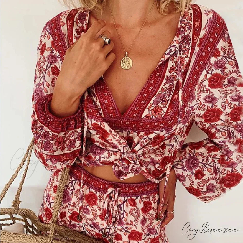 Cotton Red Floral Print Lantern Sleeve Boho Blouse bohoblouse-250126