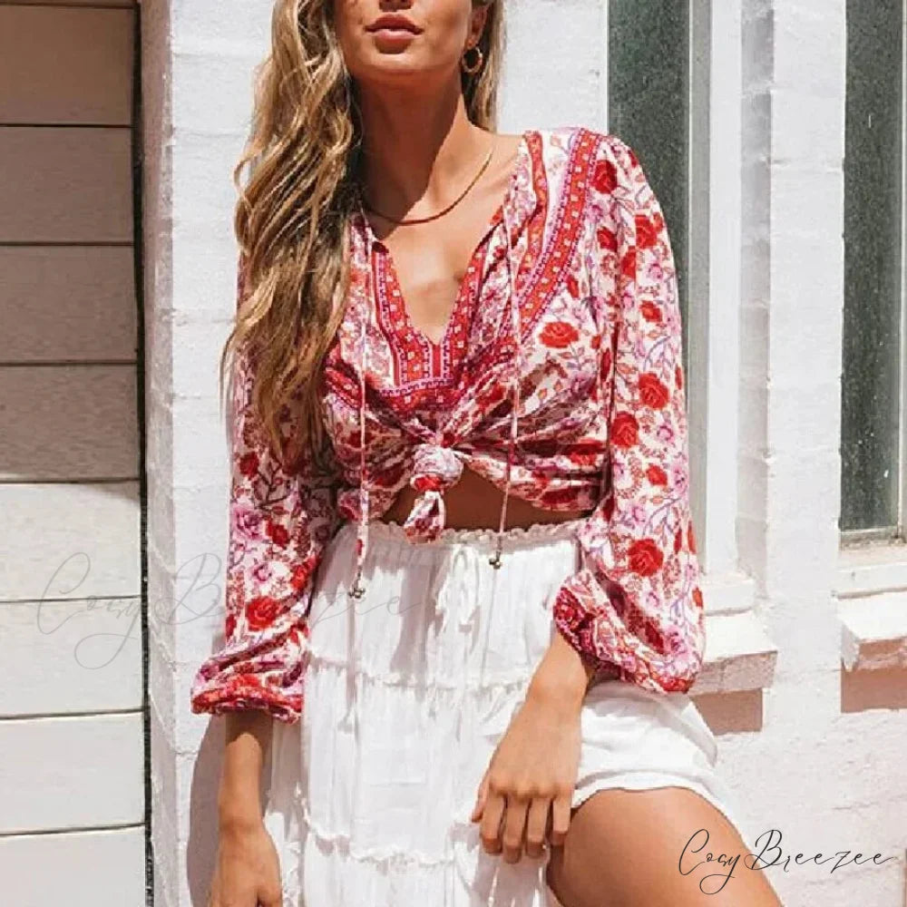 Cotton Red Floral Print Lantern Sleeve Boho Blouse Red / S bohoblouse-250126