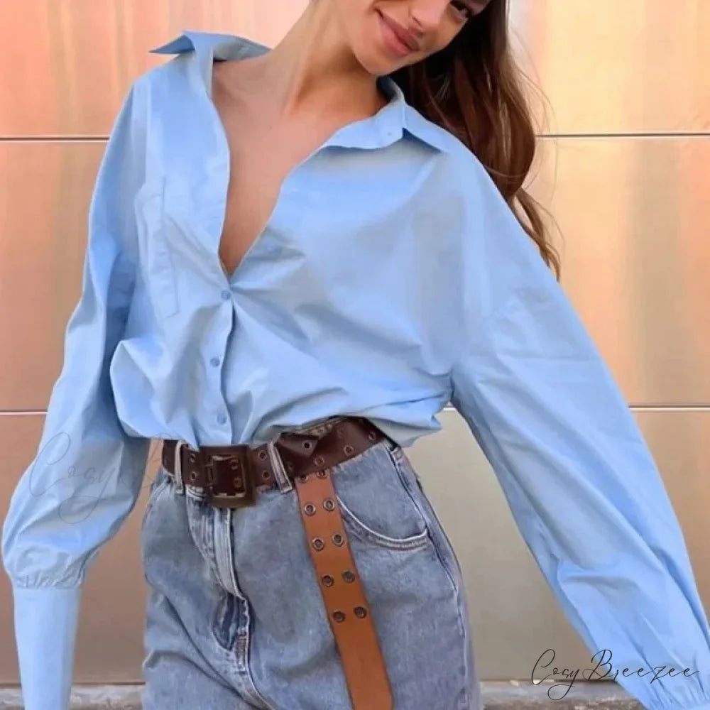 Cotton Relaxed Vintage Street-style Blouse Blue / S blouse-250126