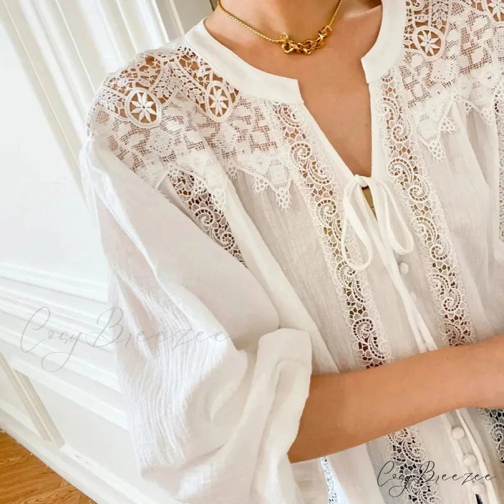 Cotton White Lace Lantern Sleeve Oversize Boho Blouse bohoblouse-250126