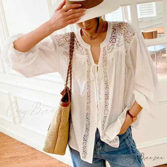 Cotton White Lace Lantern Sleeve Oversize Boho Blouse bohoblouse-250126
