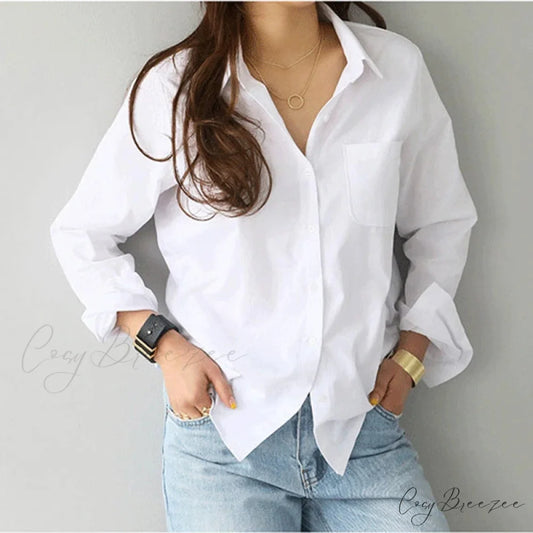 Cotton White Long Sleeve Relaxed Blouse WHITE / S blouse-250126