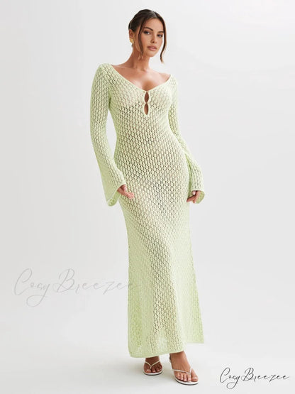 Cover Up Long Sleeve Modern Open Back Long Dress LightGreen / XS