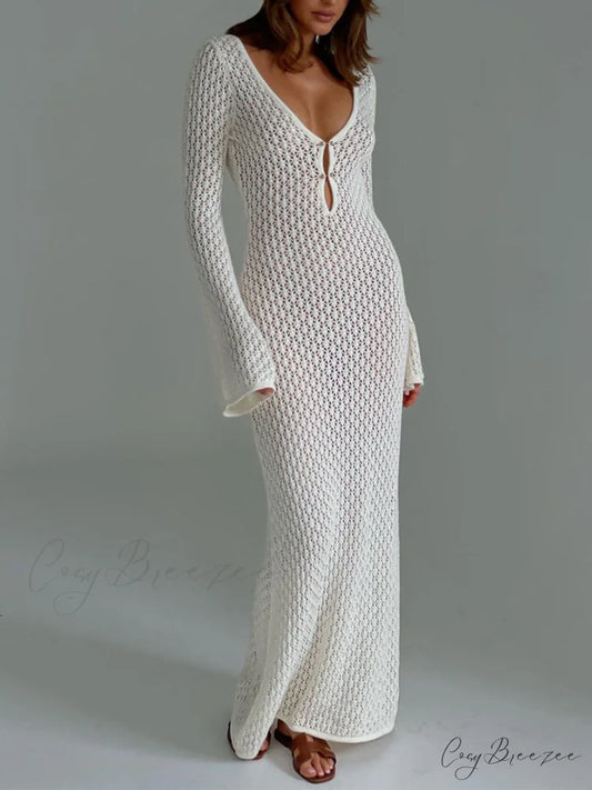 Cover Up Long Sleeve Modern Open Back Long Dress White / XS