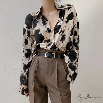 Cow Print Button Up Long Sleeve Blouse blouse-250223