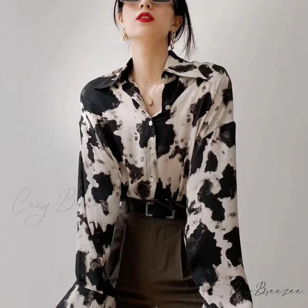 Cow Print Button Up Long Sleeve Blouse black / S blouse-250223
