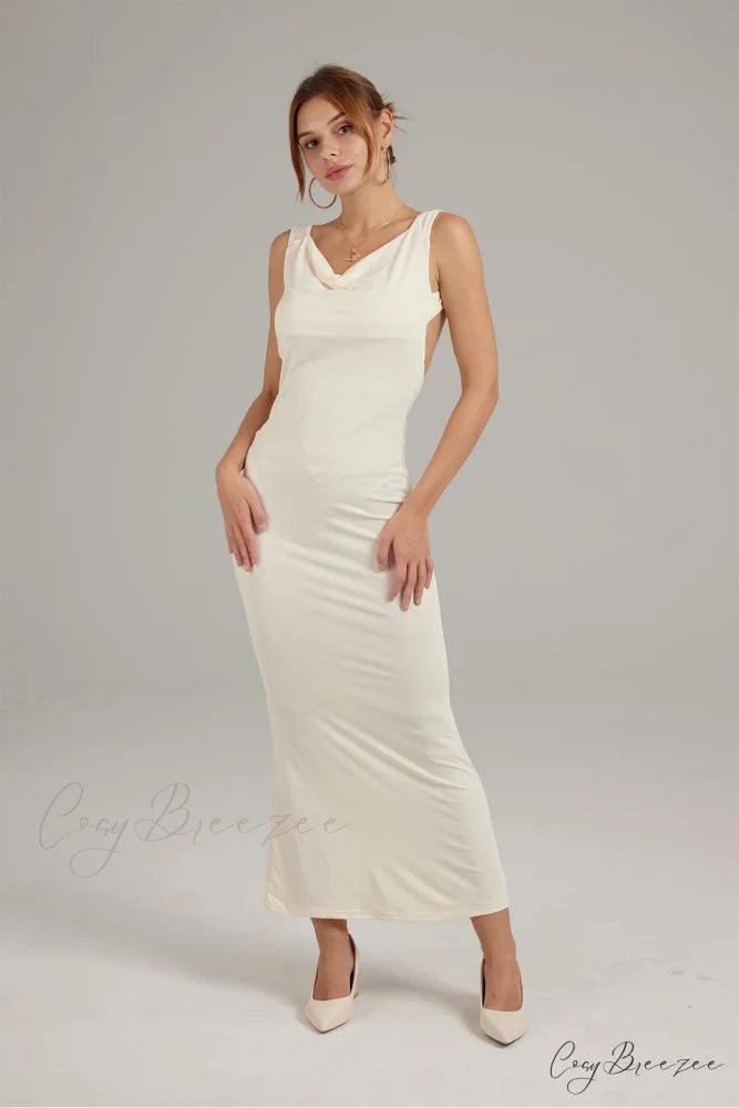 Cowl Neck Backless Pack Hip Dress in Solid Color