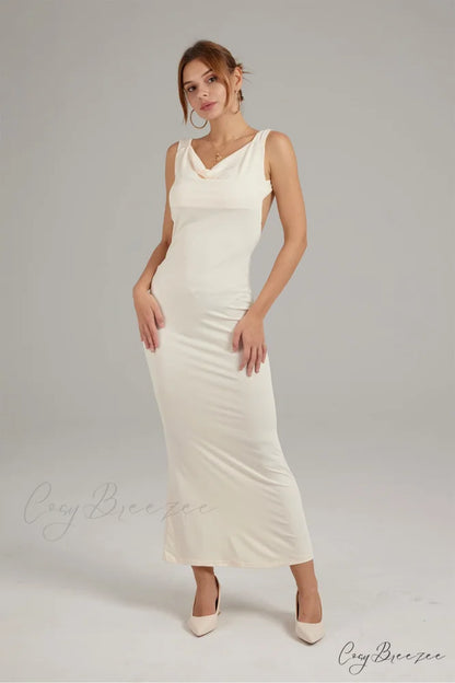 Cowl Neck Backless Pack Hip Dress in Solid Color