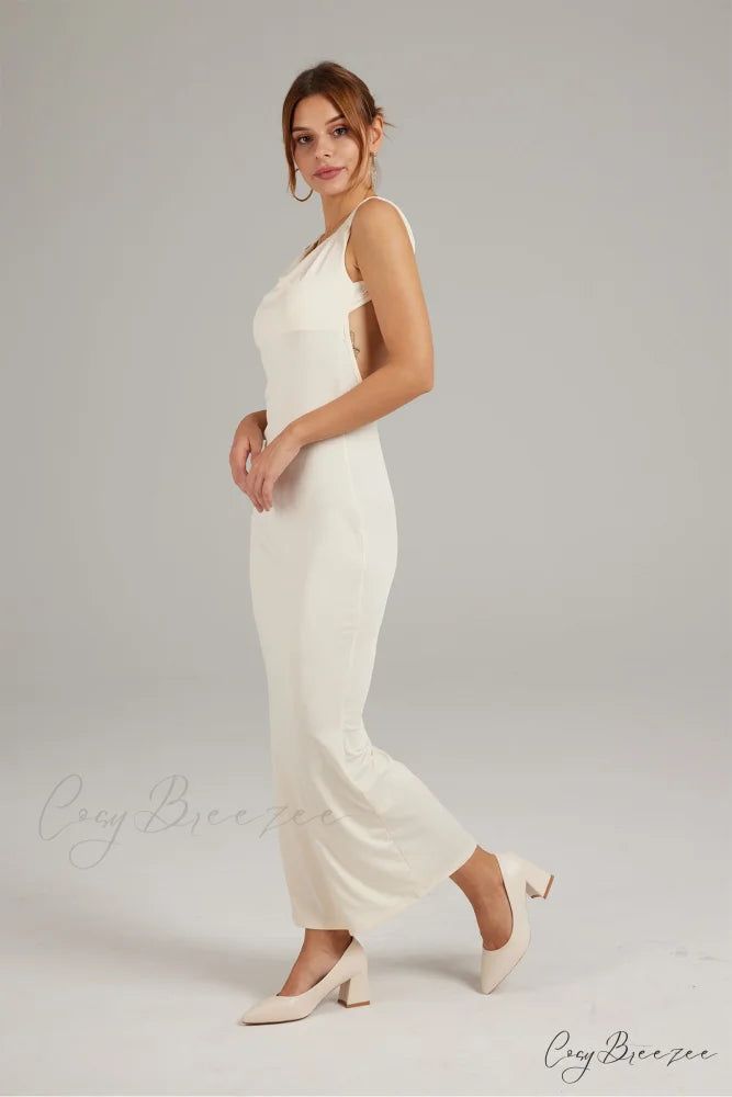 Cowl Neck Backless Pack Hip Dress in Solid Color Beige / L