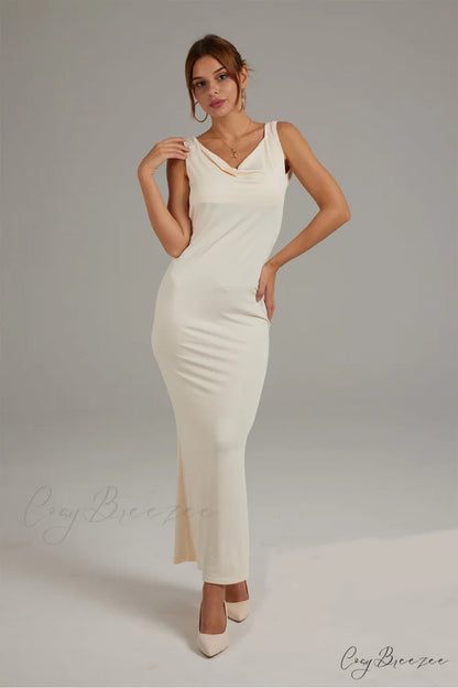 Cowl Neck Backless Pack Hip Dress in Solid Color Beige / M