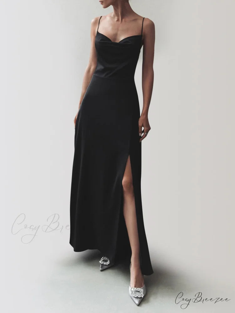 Cowl Neck Satin Trendy Slit Long Dress