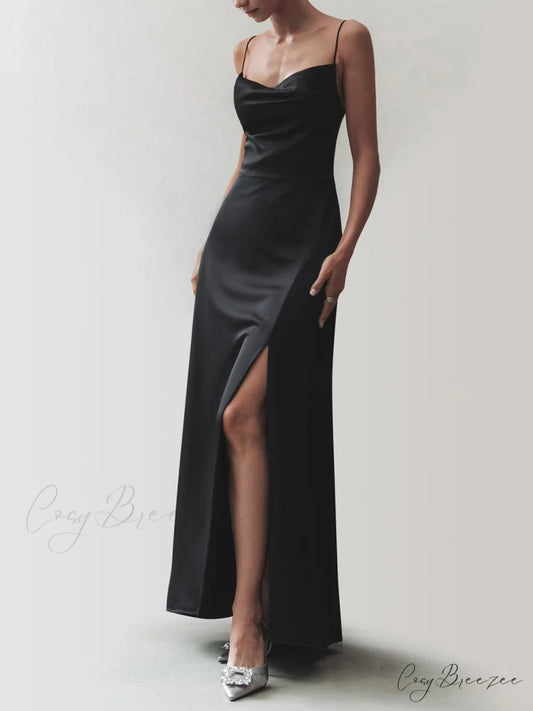 Cowl Neck Satin Trendy Slit Long Dress Black / XS