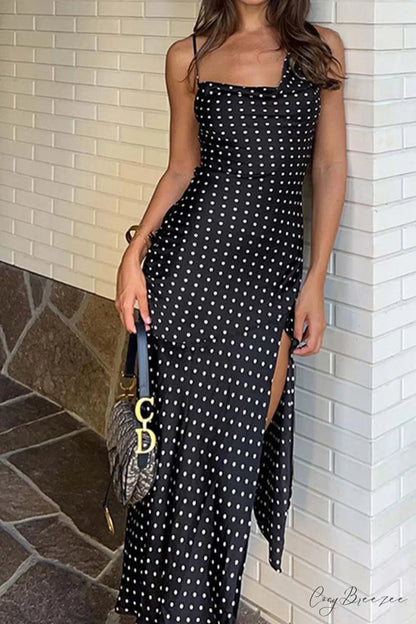 Cowl Neck Slit Dress with Polka Dots Black / S