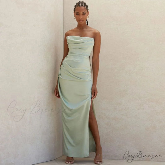 Cowl Neck Strapless Slit Modern Maxi Evening Dress - Black S / Green