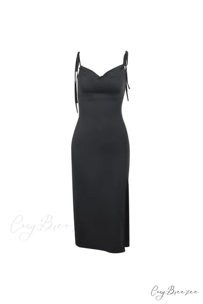 Cowl Neck Tie-straps Dress with Slit Black / L