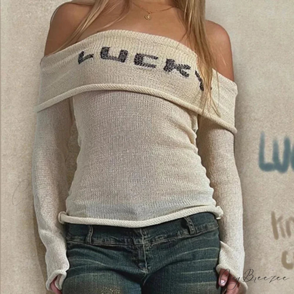 Cozy Off Shoulder Knitted Lazy Long Sleeve Crop Top Beige / S knittop-250126