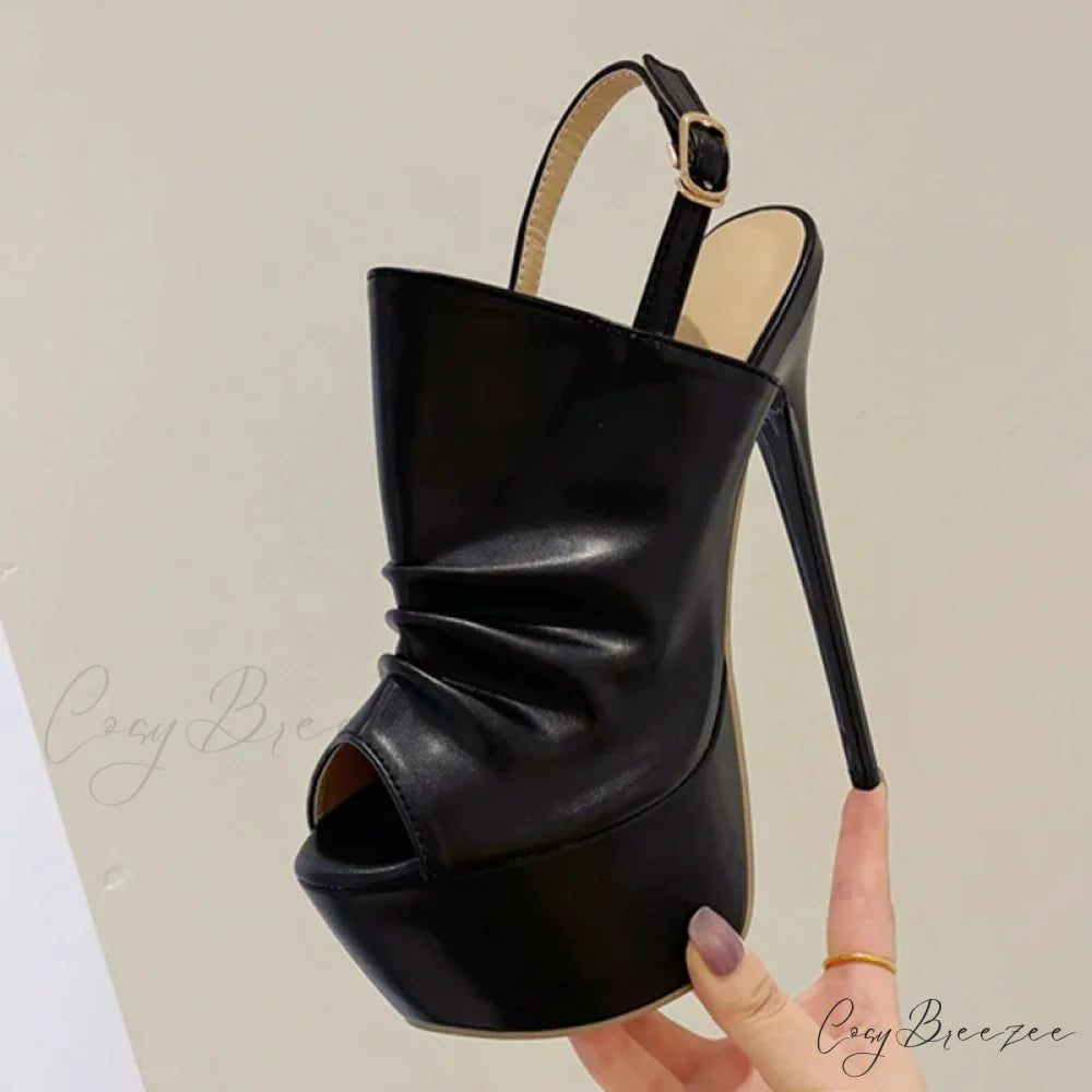 Cozy Pleated Leather Super-High Platform Nightclub Party Peep-Toe Black Sexy High Heel