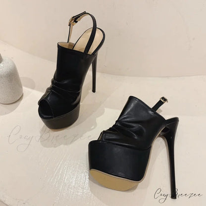 Cozy Pleated Leather Super-High Platform Nightclub Party Peep-Toe Black Sexy High Heel