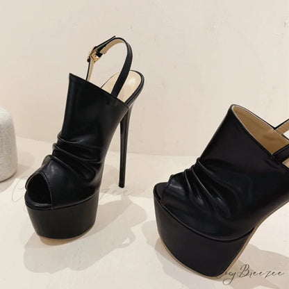 Cozy Pleated Leather Super-High Platform Nightclub Party Peep-Toe Black Sexy High Heel
