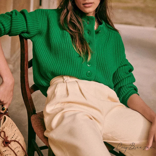 Cozy Warm Jacquard Long Sleeve Button Female Casual Christmas Sweater green / S