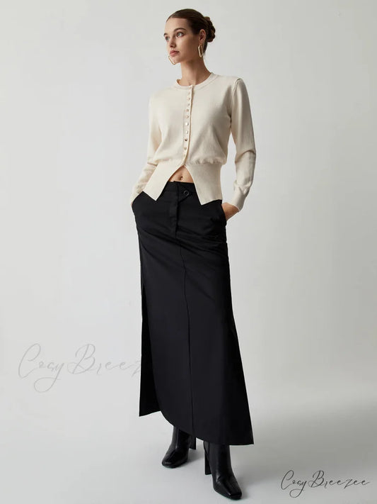 Cream Button Graceful Down Curved Cardigan Off-White / S