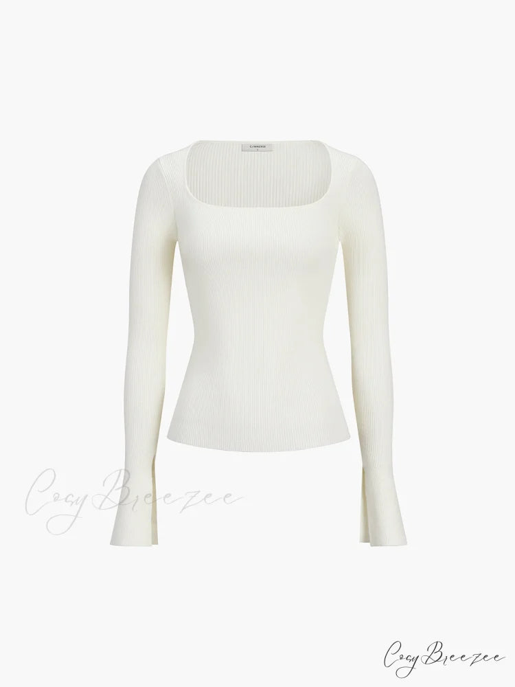 Cream Flare Long Trendy Sleeve Knit Top