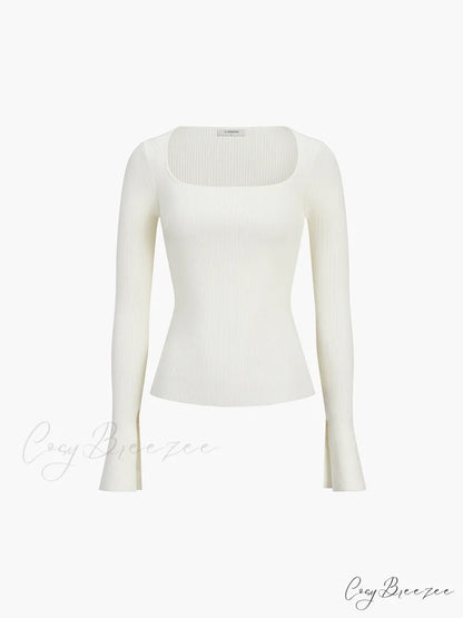 Cream Flare Long Trendy Sleeve Knit Top