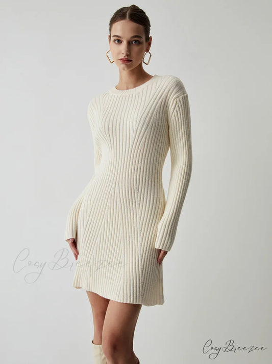 Cream Rib Long Trendy Sleeve Short Sweater Dress White / XS