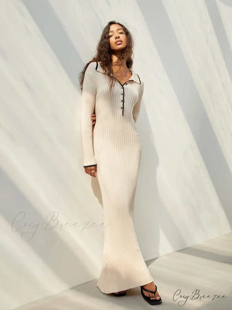 Creamy Flatwhite Contrast Trendy Trim Long Sweater Dress