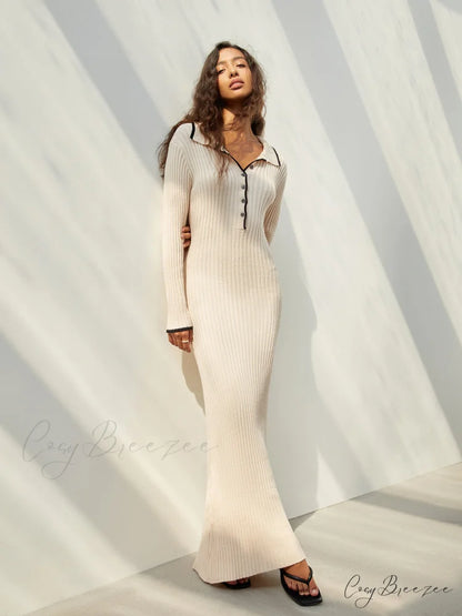 Creamy Flatwhite Contrast Trendy Trim Long Sweater Dress