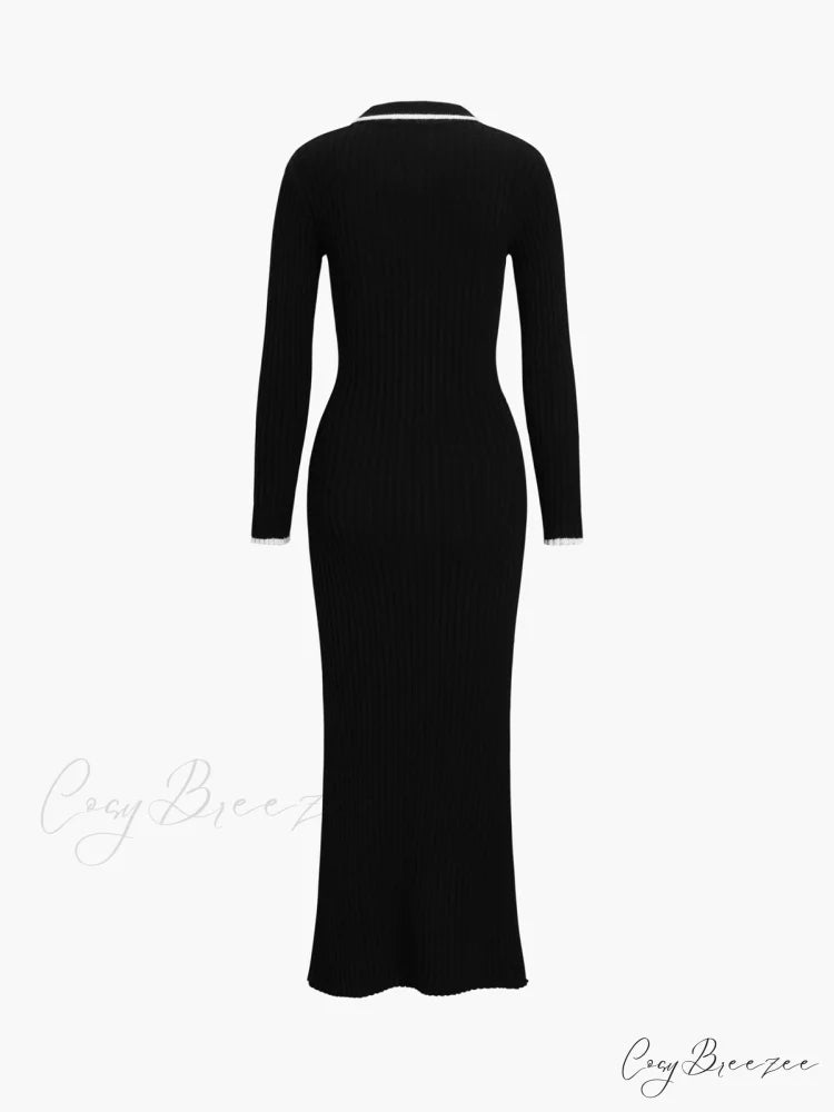 Creamy Flatwhite Contrast Trendy Trim Long Sweater Dress
