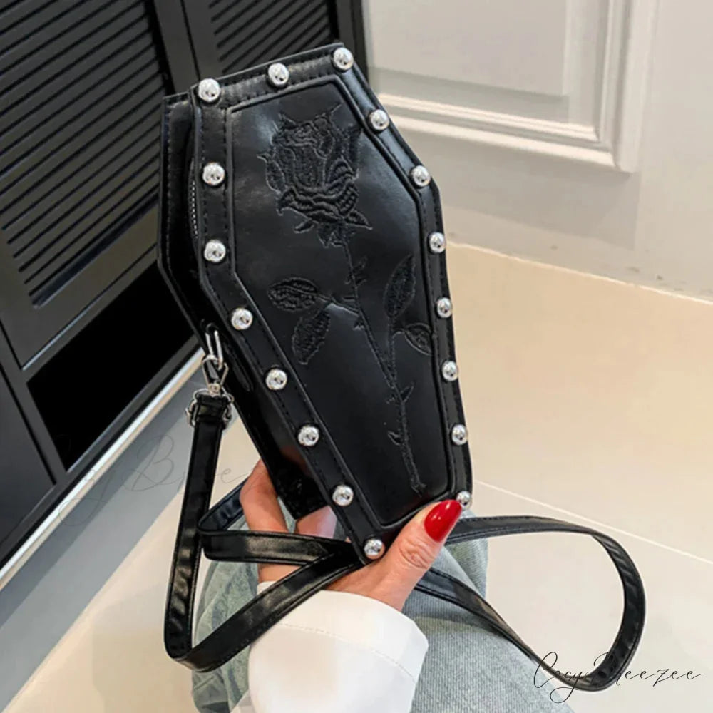 Creative PU Coffin Shape Embroidery Underarm Phone Office Travel Bag Black