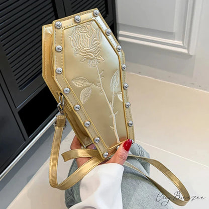 Creative PU Coffin Shape Embroidery Underarm Phone Office Travel Bag Gold