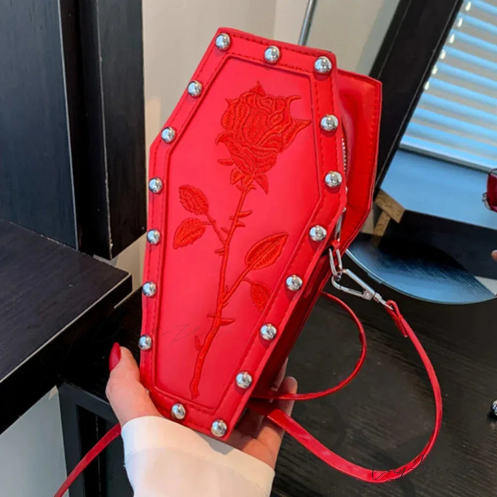 Creative PU Coffin Shape Embroidery Underarm Phone Office Travel Bag Red