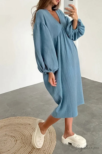 Crepe V Neck Puff Sleeve Loose Dress Blue / S