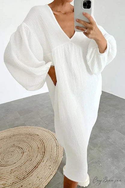 Crepe V Neck Puff Sleeve Loose Dress White / L
