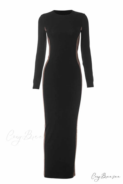 Crew Neck Long Sleeve Slit Midi Dress