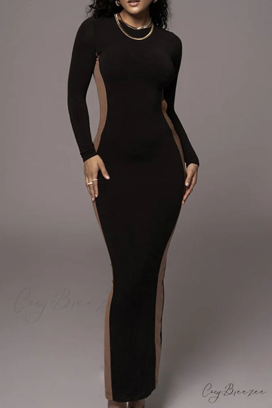 Crew Neck Long Sleeve Slit Midi Dress Black / S