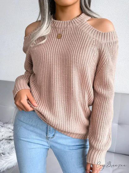 Crew Neck Off Shoulder Long Sleeve Sweater Pink / S swraters-241228