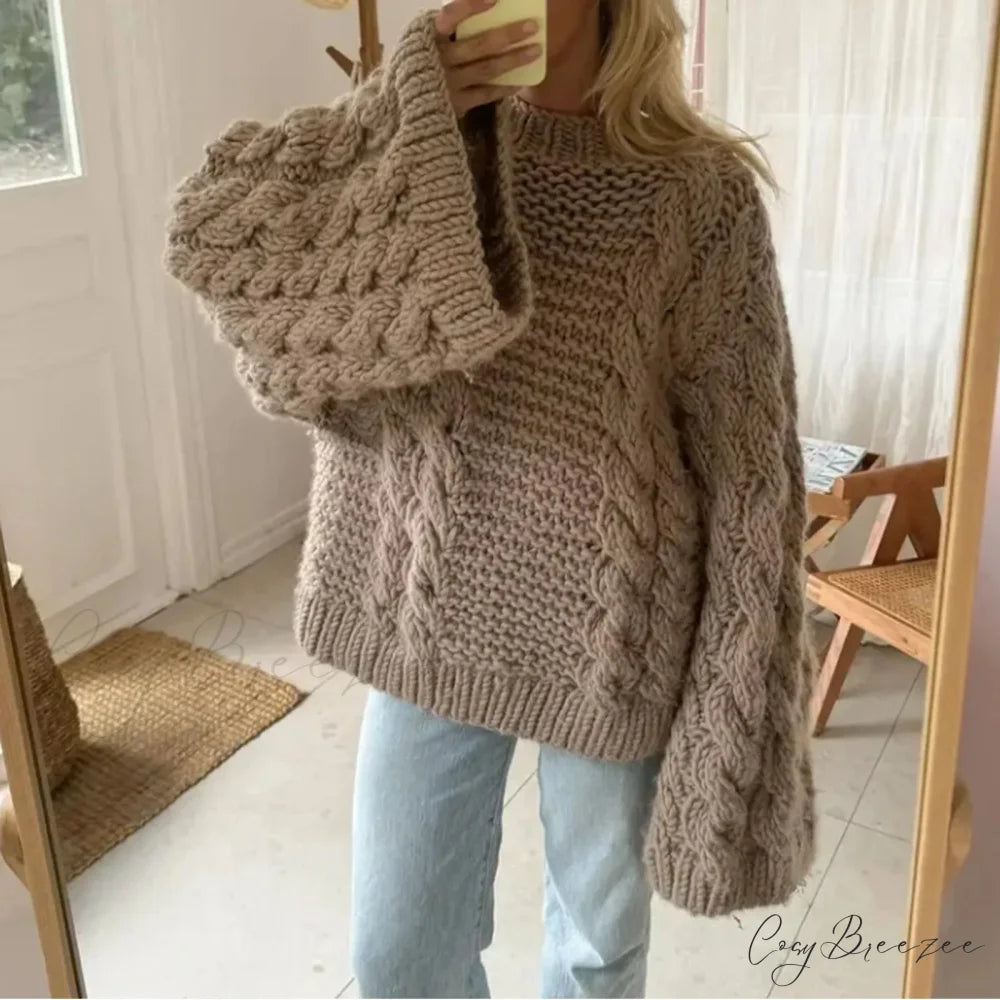 Crewneck Flared Sleeve Fuzzy Sweater Khaki / S swraters-241228