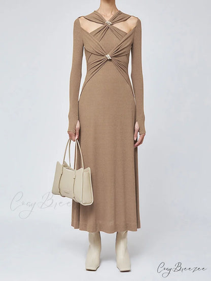 Criss Cross Cut Trendy Out Long Dress Brown / S
