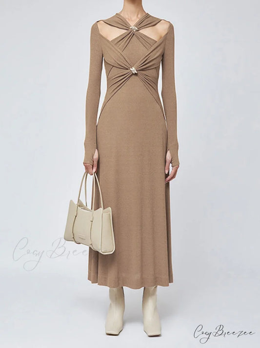Criss Cross Cut Trendy Out Long Dress Brown / S