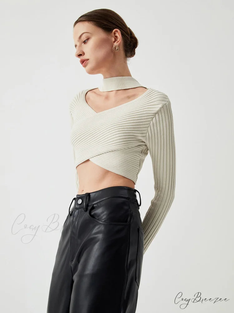 Criss Cross Knit Trendy Halter Crop Top