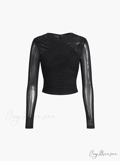 Criss Cross Mesh Trendy Long Sleeve Top