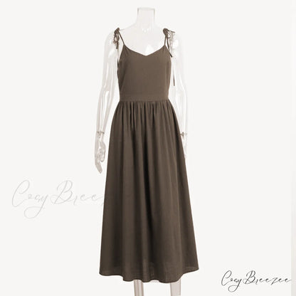 Crochet Cutie Stylish Linen Maxi Dress Coffee color / S