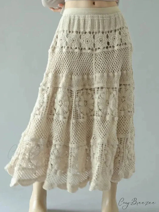 Crochet Flower Hollowed Out Elastic Waist Skirt Apricot / One Size skirt-250126