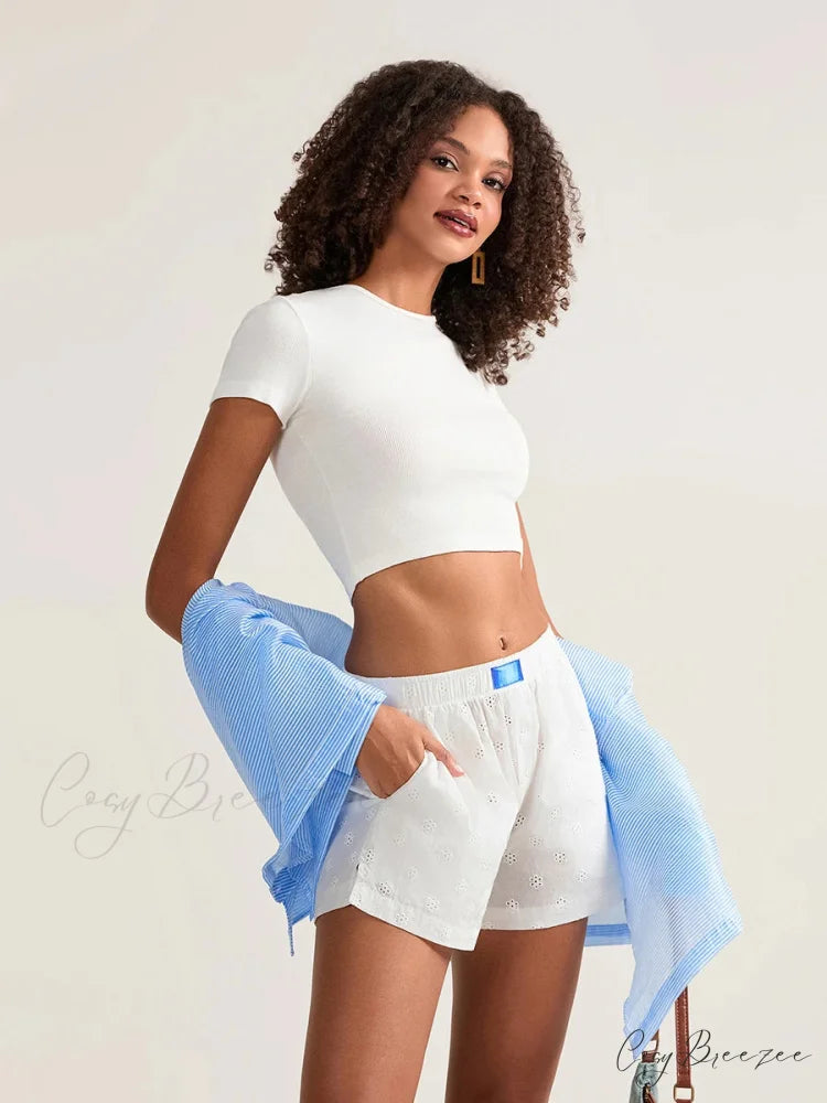 Crochet Hollow Wide-Leg Shorts short-250223
